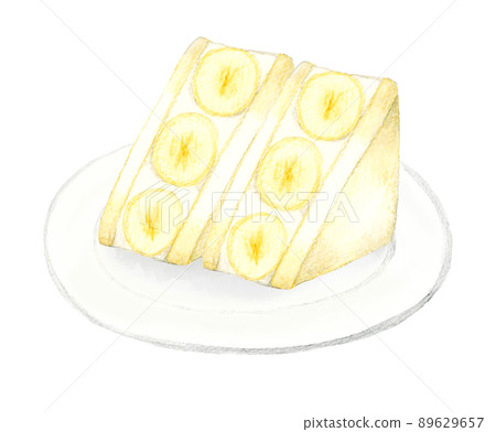 盤子上的香蕉水果三明治糖果咖啡館菜單的手繪水彩插圖素材 89629657