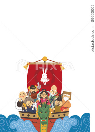 New Year's card design for the Year of the Rabbit. Illustration of a rabbit and the Seven Lucky Gods. 89630003