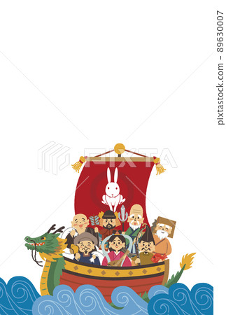 New Year's card design for the Year of the Rabbit. Illustration of a rabbit and the Seven Lucky Gods. 89630007