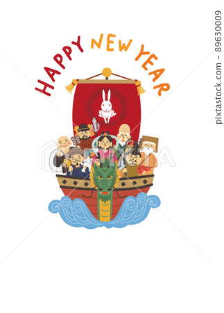 New Year's card design for the Year of the Rabbit. Illustration of a rabbit and the Seven Lucky Gods. New Year's card design for the Year of the Rabbit. Illustration of a rabbit and the Seven Lucky Gods. 89630009