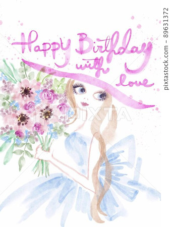 生日快樂花葉女孩背景框架水彩插圖 89631372