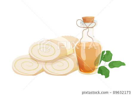 Spa treatment rolled towel lying in stack, sandal oil in glass bottle in cartoon style isolated on white background, Beauty procedure 89632173