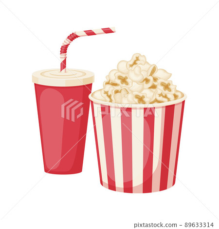 Popcorn and carbonated drink. A big bucket of popcorn and a glass of soda. Fast food. Food for watching movies. Vector illustration isolated on a white background Vector illustration 89633314