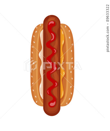Hot dog top view. An image of a hot dog with sausage, drizzled with ketchup and sprinkled with mustard. Fast food. Vector illustration isolated on a white background 89633322