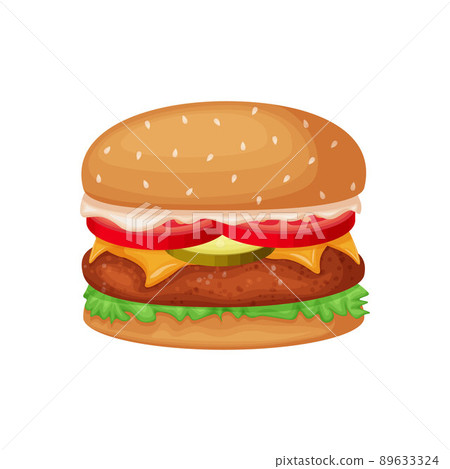 Hamburger. A large hamburger with a cutlet, tomatoes, cucumbers and cheese. Big Mac. Fast food, vector illustration isolated on a white background 89633324