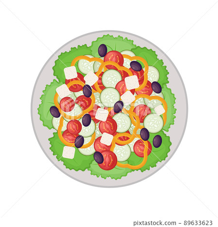 Greek salad on a large round plate. Salad of tomatoes, cucumbers, bell peppers, olives, cheese and green lettuce leaves. Mediterranean cuisine. Vector illustration isolated on white background. Greek salad on a large round plate. Salad of tomatoes, cucumbers, bell peppers, olives, cheese and green lettuce leaves. Mediterranean cuisine. Vector illustration isolated on white background. 89633623