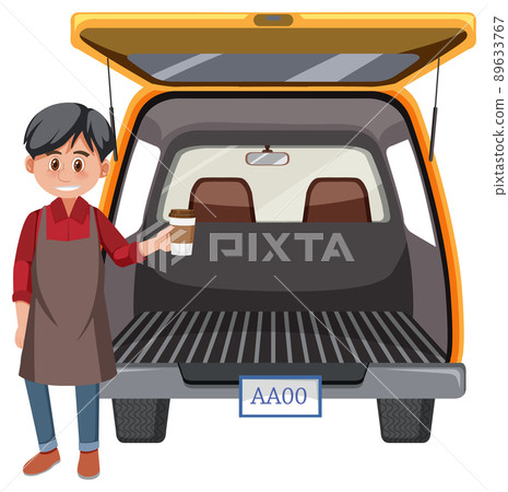 Man with coffee cup in the back of van 89633767