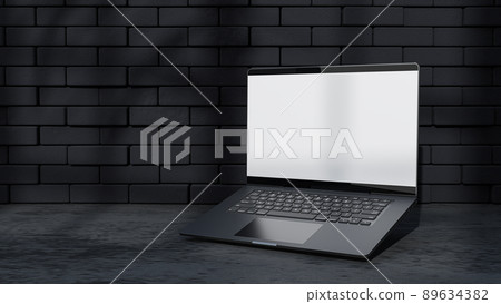 Laptop Mock-Up Empty screen front black brick wall. shadow of tree and window. Decorate minimalist style. 89634382