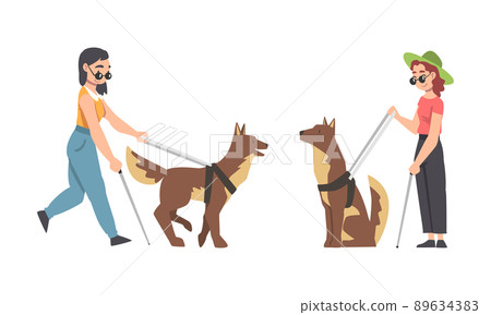 Guide Dog with Blind Woman as Trained Assistance Pet and Seeing Eye Vector Set 89634383
