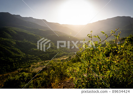 Panorama in a mountainous area in summer. Landscape with mountains, hills and cliffs. Front view. Panorama in a mountainous area in summer. Landscape with mountains, hills and cliffs. Front view. 89634424