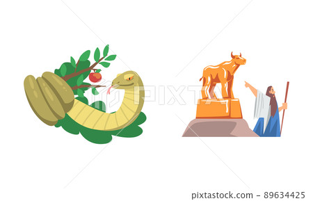Bible Narrative with Serpent or Snake of Temptation in the Garden of Eden and Golden Idol Vector Illustration Set Bible Narrative with Serpent or Snake of Temptation in the Garden of Eden and Golden Idol Vector Illustration Set 89634425