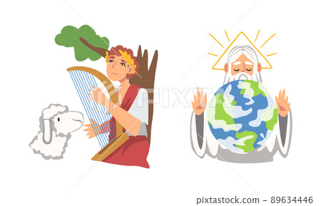 Bible Narrative with David King of Israel Playing Harp and World Creation Vector Illustration Set Bible Narrative with David King of Israel Playing Harp and World Creation Vector Illustration Set 89634446