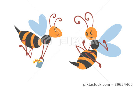 Cute Honey Bee with Antenna and Striped Body Carrying Bucket and Feeling Angry Vector Set Cute Honey Bee with Antenna and Striped Body Carrying Bucket and Feeling Angry Vector Set 89634463