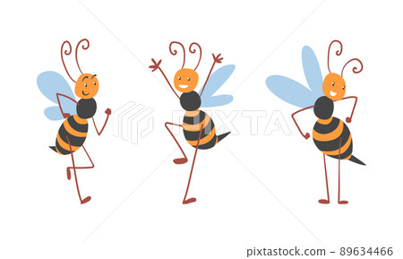Cute Honey Bee with Antenna and Striped Body Running and Cheering Vector Set Cute Honey Bee with Antenna and Striped Body Running and Cheering Vector Set 89634466