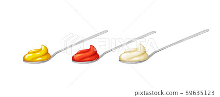 Spoons with mayonnaise,mustard,ketchup isolated on white background,side view 89635123