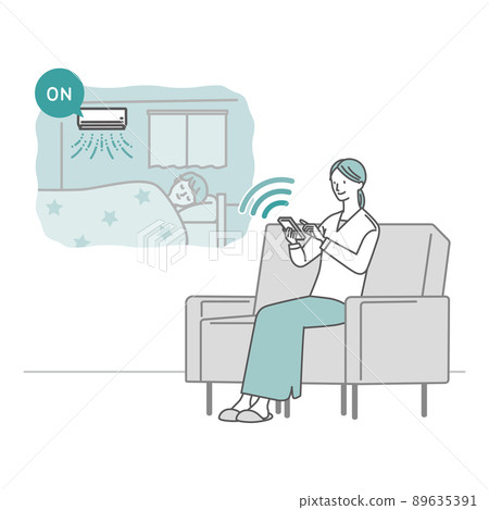 Smart home: Air conditioner_Woman who operates the air conditioner indoors using a smartphone app (adjusts the children's room) 89635391