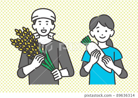 Vector illustration of the upper body of a farmer with harvested vegetables and rice / Agriculture / Horticulture Vector illustration of the upper body of a farmer with harvested vegetables and rice / Agriculture / Horticulture 89636314