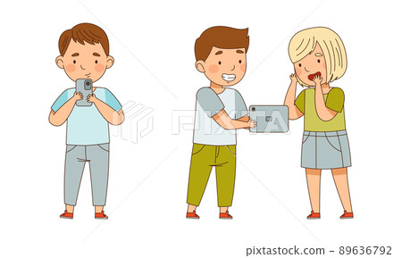 Cute children using smartphones set. Kids playing gadgets cartoon vector illustration Cute children using smartphones set. Kids playing gadgets cartoon vector illustration 89636792