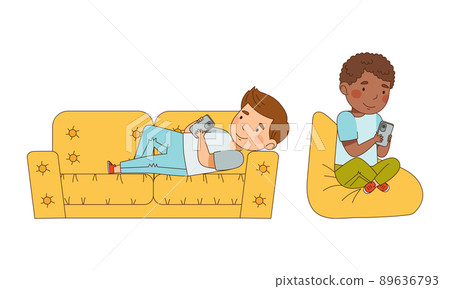 Cute boys using smartphones set. Kids playing gadgets cartoon vector illustration Cute boys using smartphones set. Kids playing gadgets cartoon vector illustration 89636793