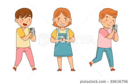 Cute kids using gadgets set. Boy and girl playing with smartphone cartoon vector illustration Cute kids using gadgets set. Boy and girl playing with smartphone cartoon vector illustration 89636796