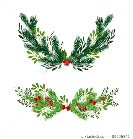 Winter Fir Branches Arranged with Mistletoe Berry Twigs and Fir Cones Semicircular Vector Illustration Set 89636841