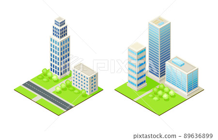 Modern city houses set. Exterior of urban buildings isometric vector illustration Modern city houses set. Exterior of urban buildings isometric vector illustration 89636899