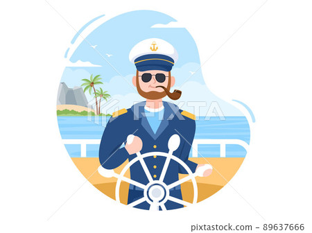 Man Cruise Ship Captain Cartoon Illustration in Sailor Uniform Riding a Ships, Looking with Binoculars or Standing on the Harbor in Flat Design 89637666