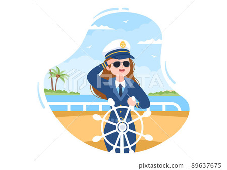 Woman Cruise Ship Captain Cartoon Illustration in Sailor Uniform Riding a Ships, Looking with Binoculars or Standing on the Harbor in Flat Design Woman Cruise Ship Captain Cartoon Illustration in Sailor Uniform Riding a Ships, Looking with Binoculars or Standing on the Harbor in Flat Design 89637675