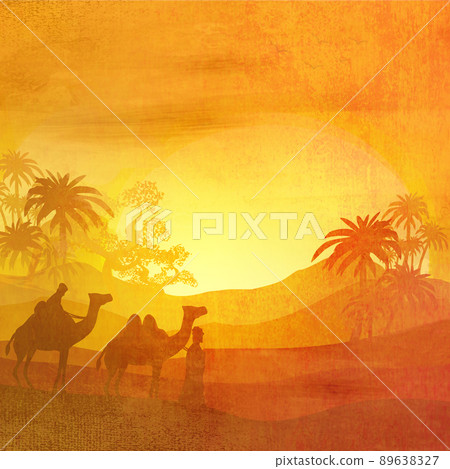 Bedouin camel caravan in wild africa landscape - artistic grunge illustration Bedouin camel caravan in wild africa landscape - artistic grunge illustration 89638327