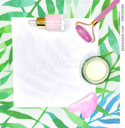 SPA cosmetic products set. Flat lay, top view face massage roller, serum, face cream and gua sha SPA cosmetic products set. Flat lay, top view face massage roller, serum, face cream and gua sha 89638486
