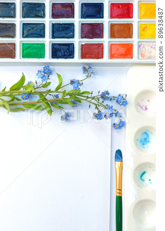 Flat lay sketchbook, watercolor brushes and color palette Flat lay sketchbook, watercolor brushes and color palette 89638487