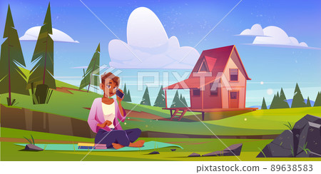 Woman with smartphone relax on nature landscape Woman with smartphone relax on nature landscape 89638583