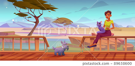 Wooden terrace and woman with pets in savannah 89638600