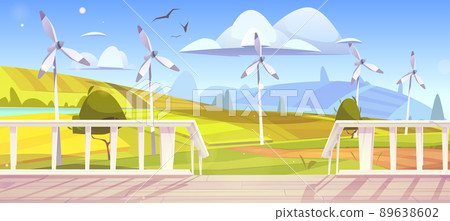 Rural landscape with wind turbines and porch 89638602