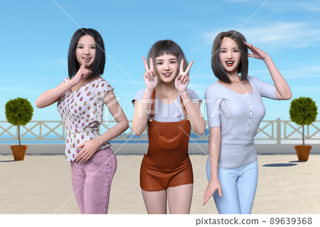 三個年輕而充滿活力的女孩各自擺出可愛多變的姿勢。 89639368