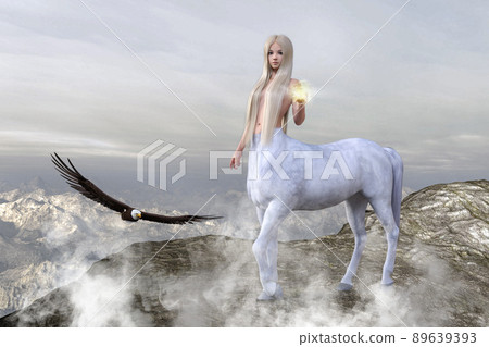 The centaur, who climbed a rocky mountain in the sea of clouds, has a shining sphere on his left and is looking at it. 89639393
