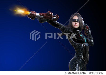 一名身著黑色戰鬥服、黑色護目鏡和雙手持槍射擊的女子 89639397