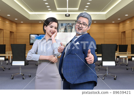A young female employee and a middle-aged man with a fat beard of a businessman pose for a good sign in an office where they work happily. 89639421