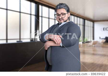 A male businessman with fat glasses crossing his arms in a sunny office 89639422