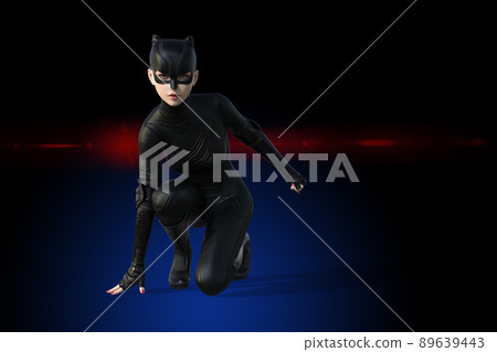 一位身著黑色貓圖案西裝的超級英雄女人正用一隻手看著你 一位身著黑色貓圖案西裝的超級英雄女人正用一隻手看著你 89639443