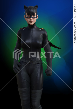 一位身著黑色貓圖案西裝的超級英雄女人向我們走來 89639446