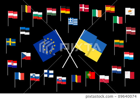 Flags of the European Union and Ukraine, as well as EU member states. Flags of the European Union and Ukraine, as well as EU member states. 89640074