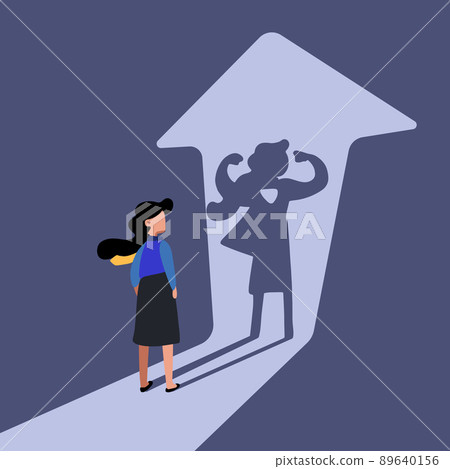 Business flat style drawing businesswoman standing in front of her own muscular shadow showing her super inner strength or superhero. Self confidence. Future goal. Cartoon graphic vector illustration 89640156