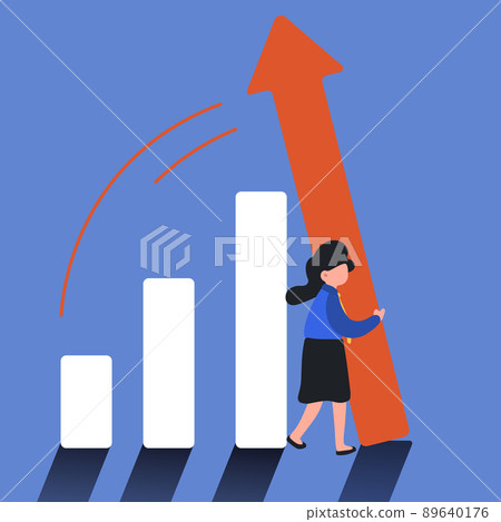 Business concept design businesswoman pushing bar chart. Business person holding bar chart from being fall over metaphor of survive, grow. Business crisis management. Vector illustration flat cartoon 89640176