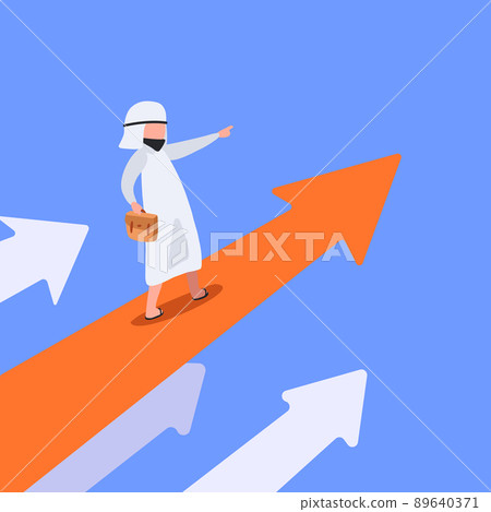 Business concept design Arabian businessman with briefcase standing on flying arrow moving upward. Searching for opportunities. Points direction forward. Investment. Vector illustration flat cartoon Business concept design Arabian businessman with briefcase standing on flying arrow moving upward. Searching for opportunities. Points direction forward. Investment. Vector illustration flat cartoon 89640371