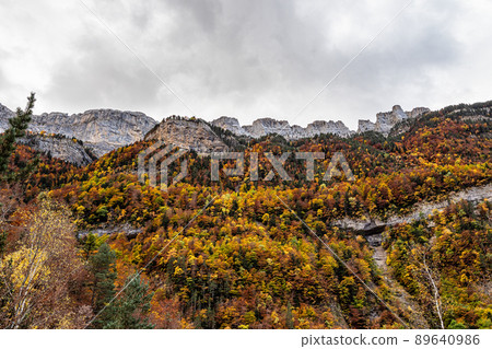 Autumn view of beautiful nature in Ordesa and Monte Perdido NP, Pyrenees, Aragon in Spain. Autumn view of beautiful nature in Ordesa and Monte Perdido NP, Pyrenees, Aragon in Spain. 89640986
