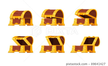 Open treasure chest. Cartoon animation kit for wooden treasure chest opening, vintage mystery pirate box. Vector GUI element set 89641427