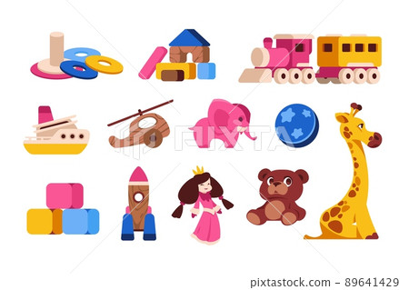 Cartoon kid toys. Baby and toddler colorful different plastic toys, various transport animals and puzzles. Vector infant isolated toy collection Cartoon kid toys. Baby and toddler colorful different plastic toys, various transport animals and puzzles. Vector infant isolated toy collection 89641429