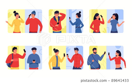 Phone conversation. Cartoon people communicating on phone, men and women talking via smartphones. Vector set 89641433