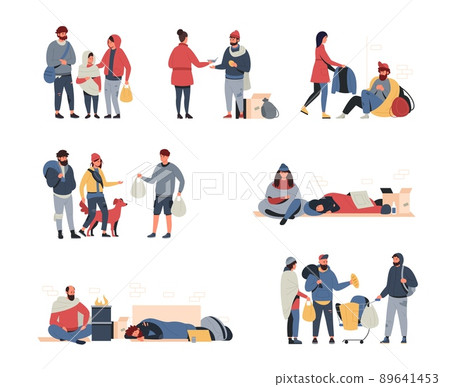 Homeless people. Cartoon poor family, hungry and dirty child man and woman begging and looking for food and shelter. Vector persons of poverty set 89641453